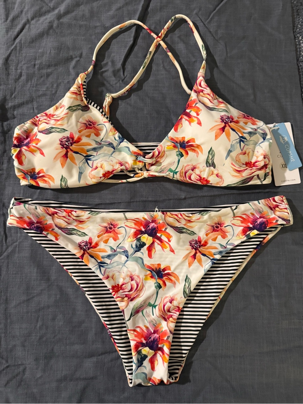 Cupshe Cream Floral Cross-Back Bikini with Multicolor Blooms